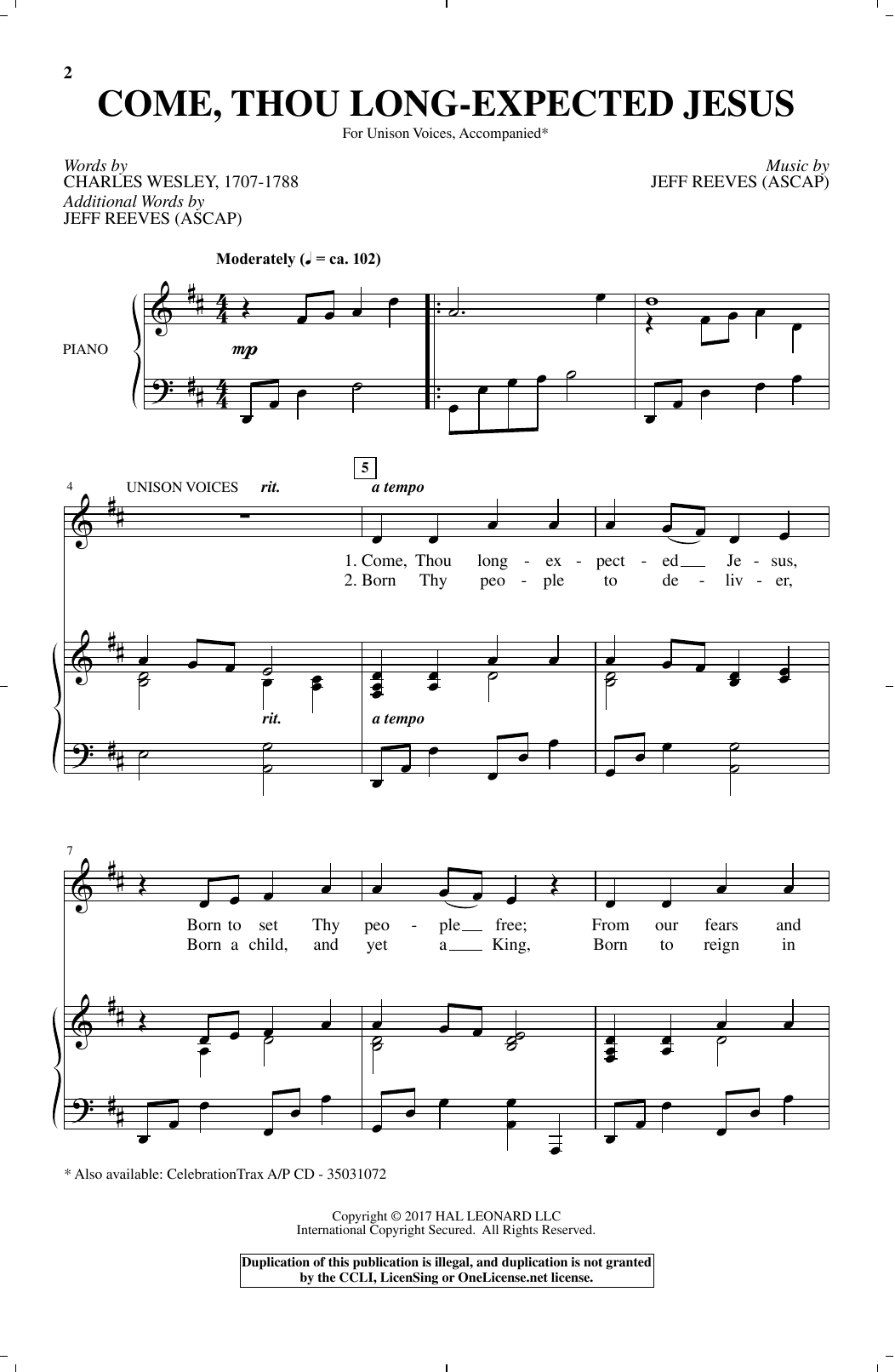 Download Jeff Reeves Come, Thou Long-Expected Jesus Sheet Music and learn how to play Unison Choral PDF digital score in minutes