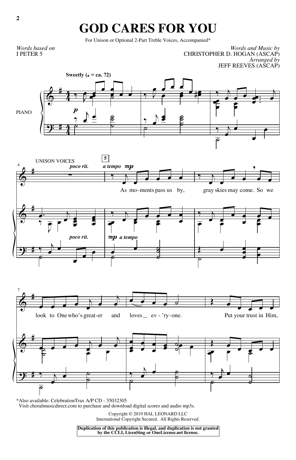 Download Jeff Reeves God Cares For You Sheet Music and learn how to play Unison Choir PDF digital score in minutes