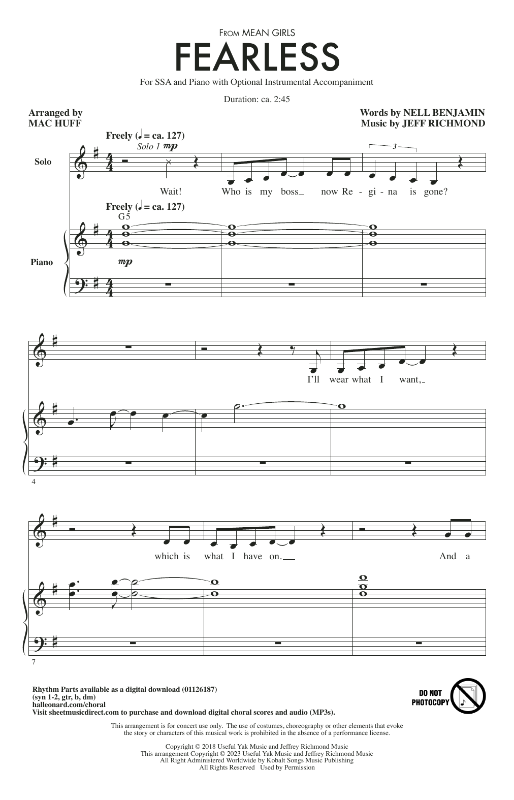 Download Jeff Richmond & Nell Benjamin Fearless (from Mean Girls: The Broadway Musical) (arr. Mac Huff) Sheet Music and learn how to play SSA Choir PDF digital score in minutes