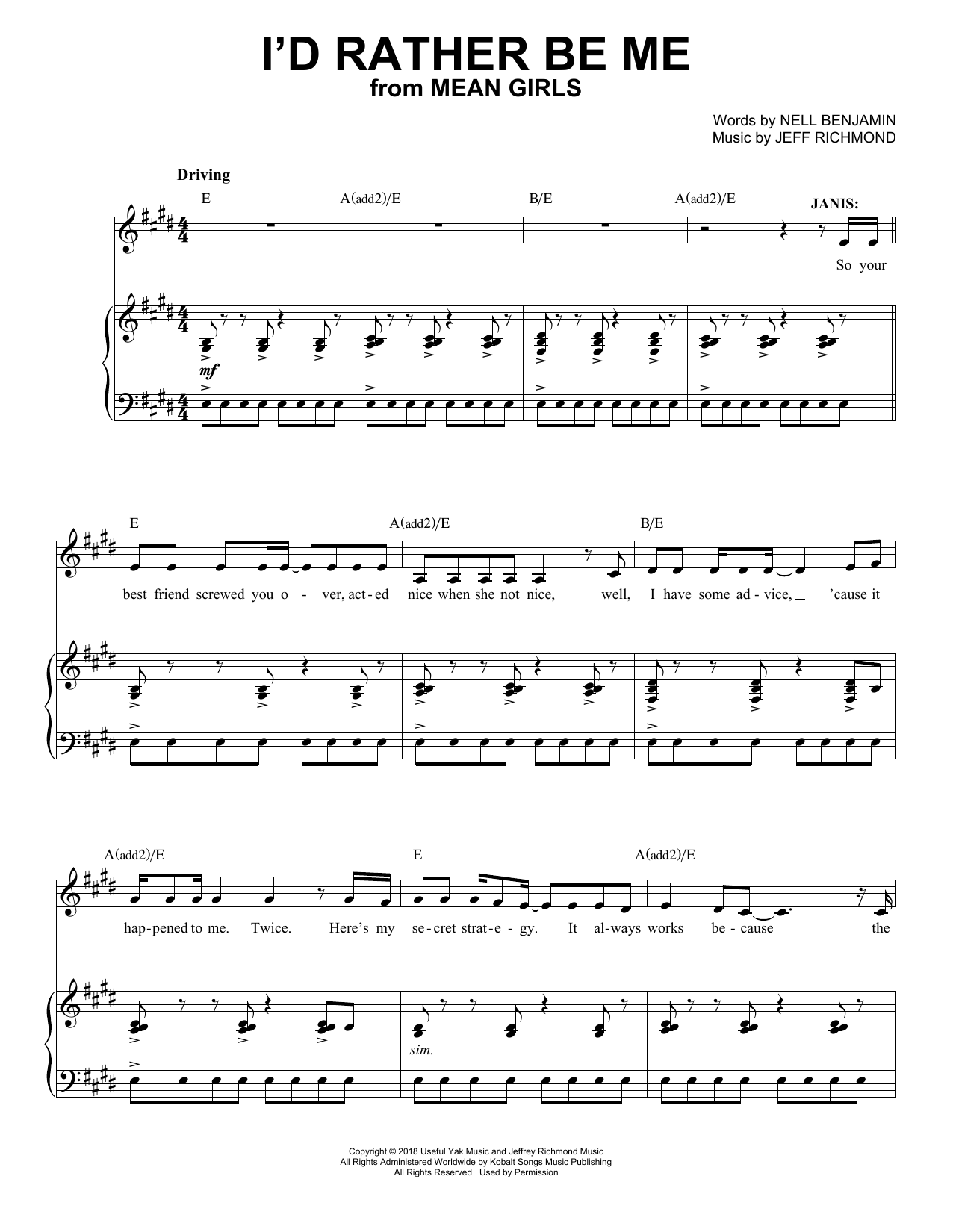 Download Jeff Richmond & Nell Benjamin I'd Rather Be Me (from Mean Girls: The Broadway Musical) Sheet Music and learn how to play Piano & Vocal PDF digital score in minutes