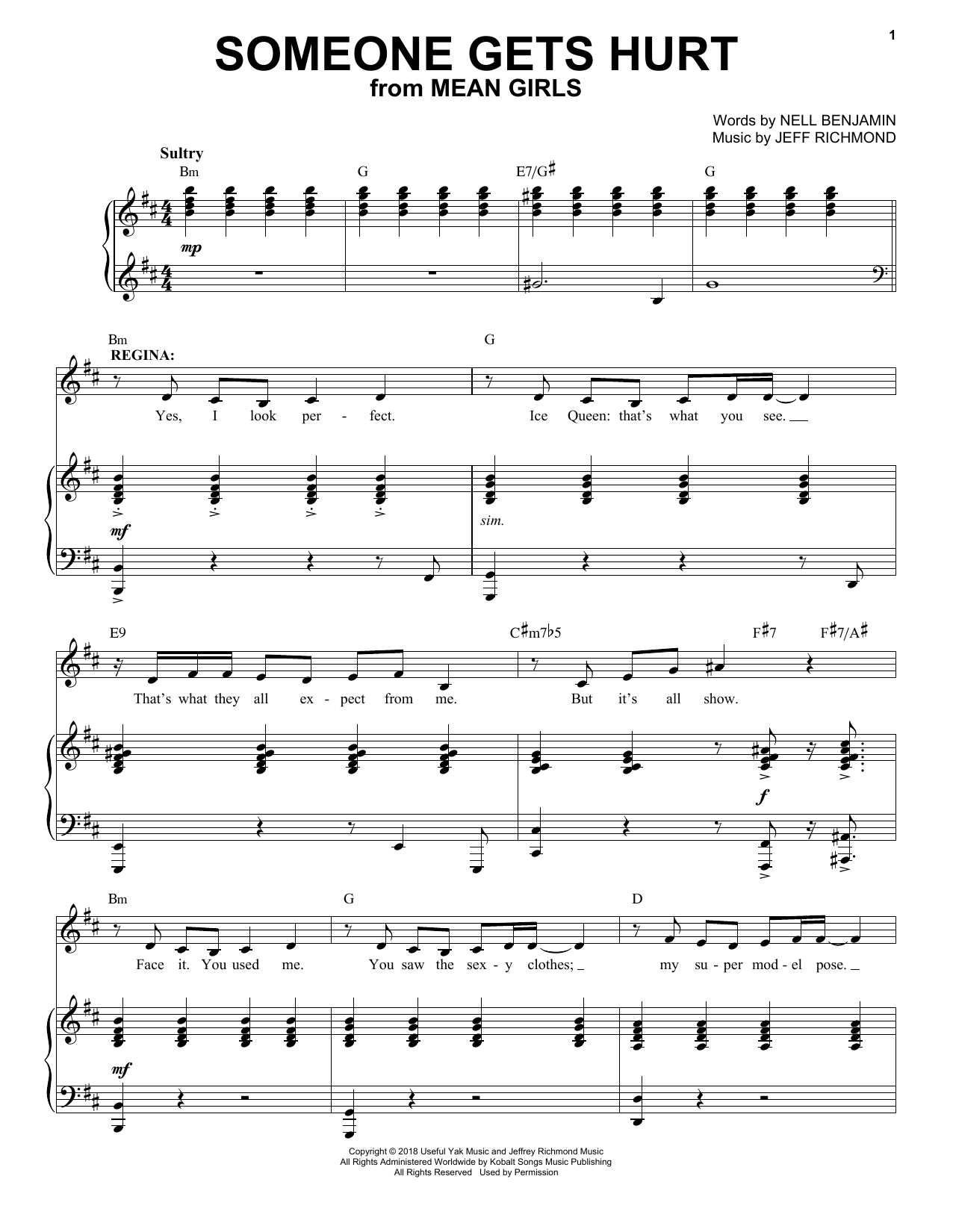 Download Jeff Richmond & Nell Benjamin Someone Gets Hurt (from Mean Girls: The Broadway Musical) Sheet Music and learn how to play Piano & Vocal PDF digital score in minutes