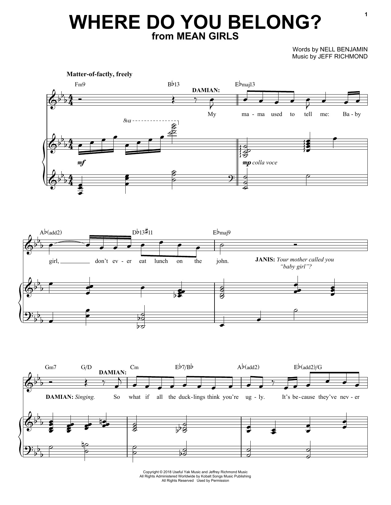 Download Jeff Richmond & Nell Benjamin Where Do You Belong? (from Mean Girls: The Broadway Musical) Sheet Music and learn how to play Piano & Vocal PDF digital score in minutes