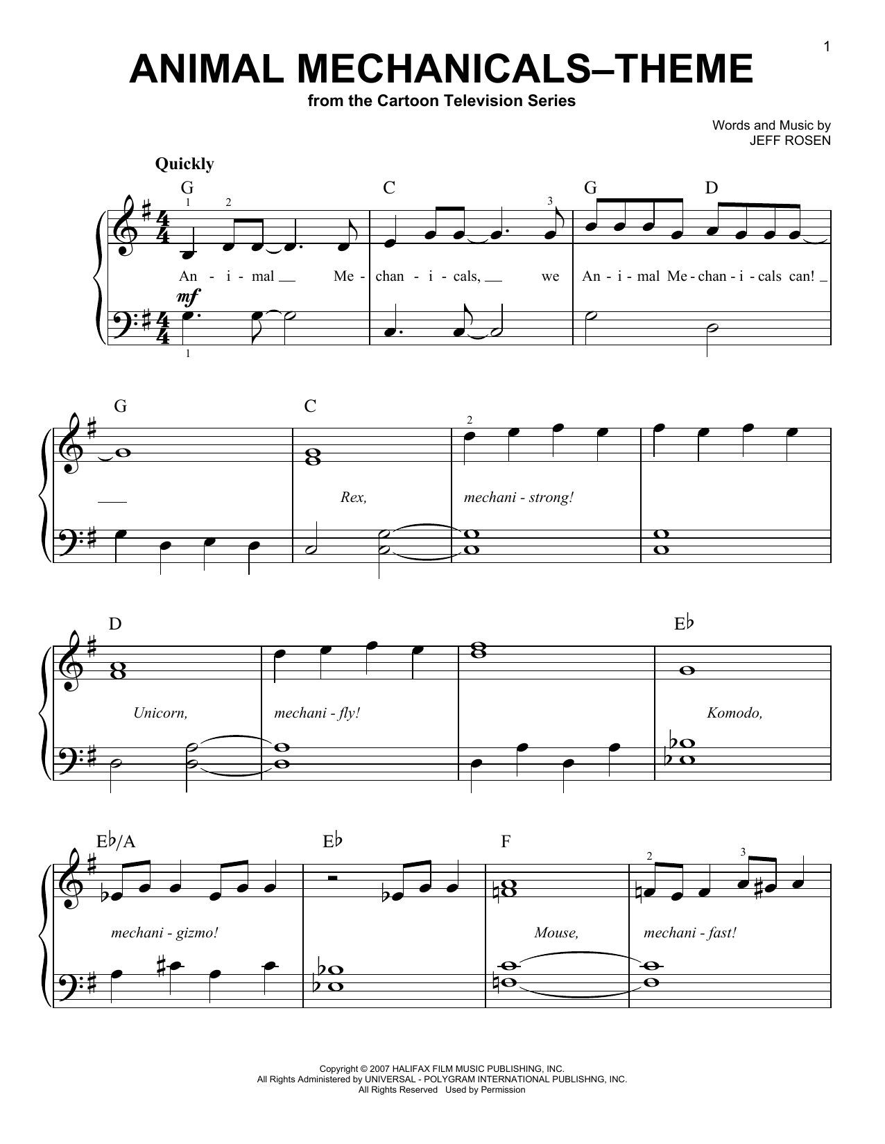 Download Jeff Rosen Animal Mechanicals - Theme Sheet Music and learn how to play Easy Piano PDF digital score in minutes