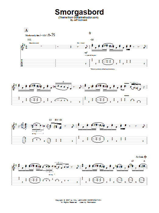Download Jeff Schroedl Smorgasbord (Theme from GuitarInstructor.com) Sheet Music and learn how to play Guitar Tab PDF digital score in minutes