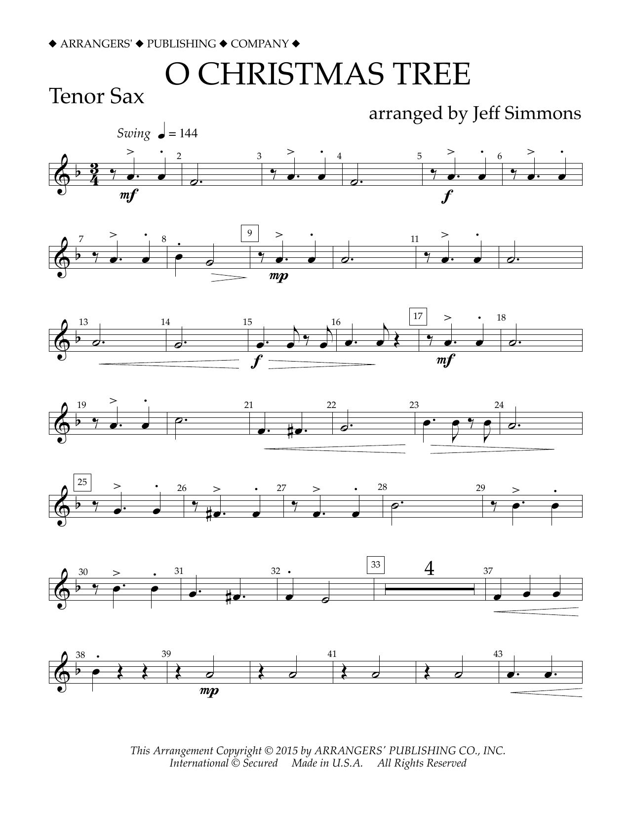 Download Jeff Simmons O Christmas Tree - Bb Tenor Saxophone Sheet Music and learn how to play Concert Band PDF digital score in minutes