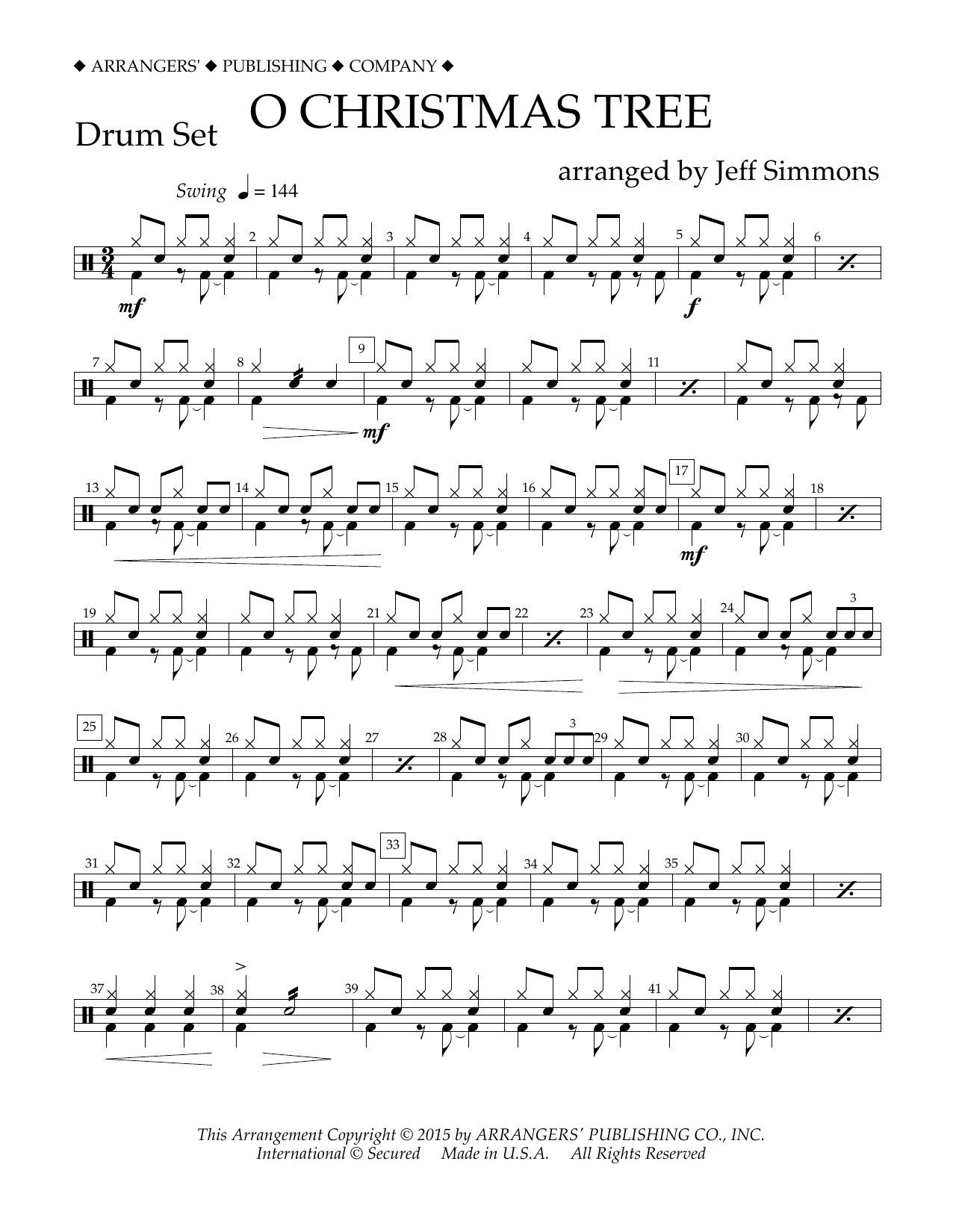 Download Jeff Simmons O Christmas Tree - Drum Set Sheet Music and learn how to play Concert Band PDF digital score in minutes