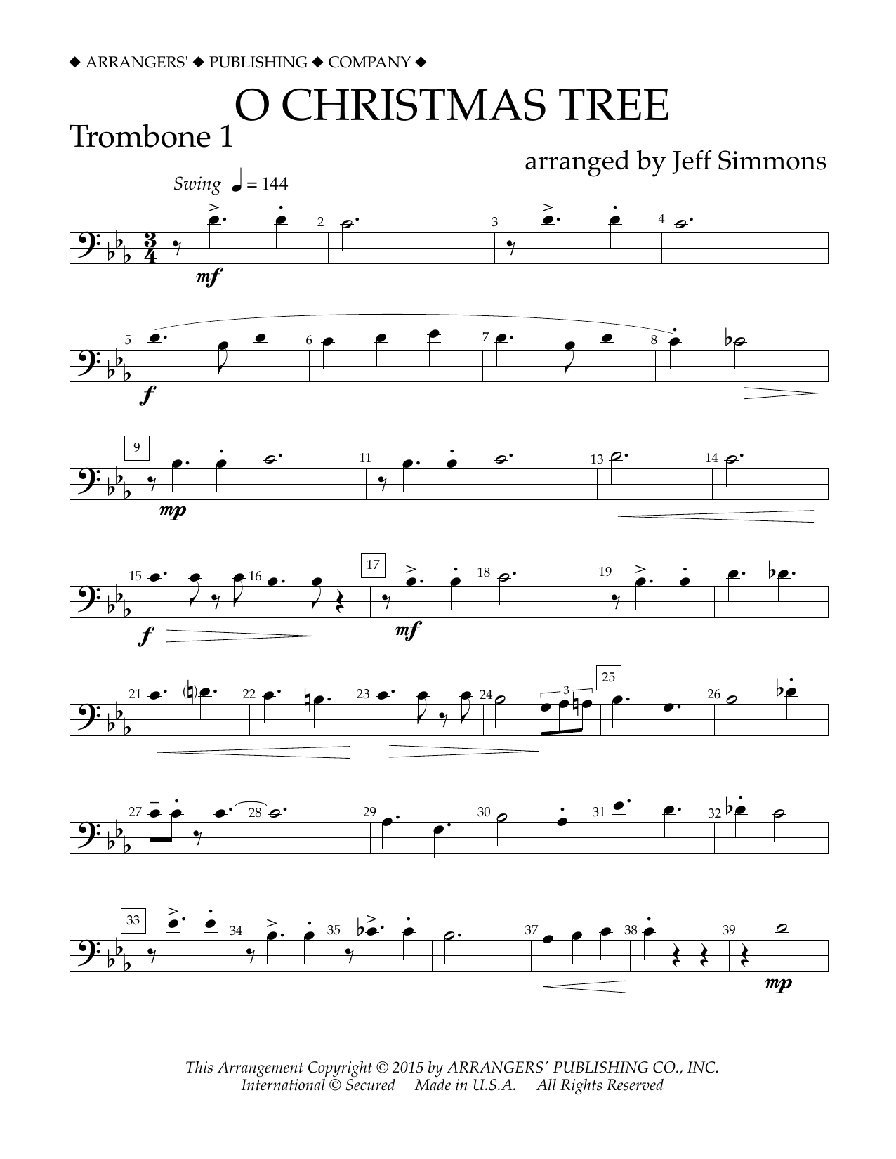 Download Jeff Simmons O Christmas Tree - Trombone 1 Sheet Music and learn how to play Concert Band PDF digital score in minutes