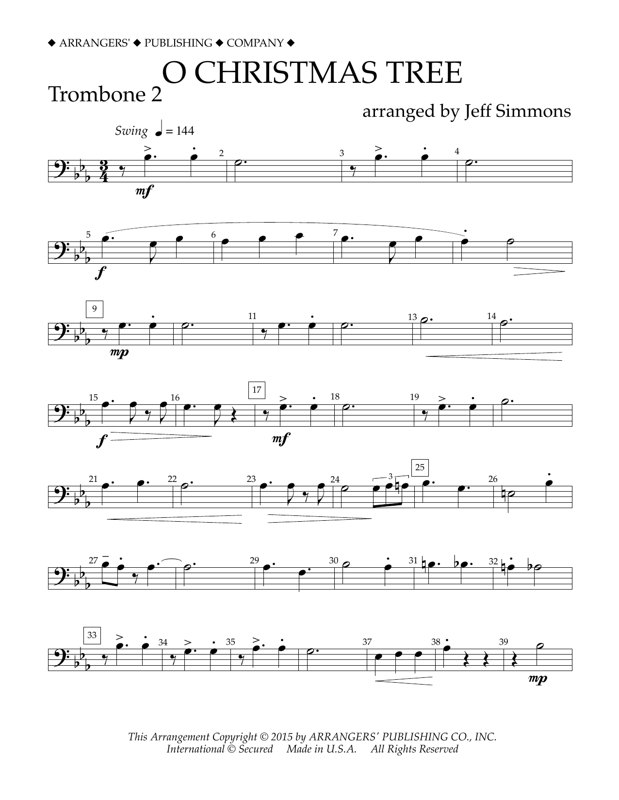 Download Jeff Simmons O Christmas Tree - Trombone 2 Sheet Music and learn how to play Concert Band PDF digital score in minutes