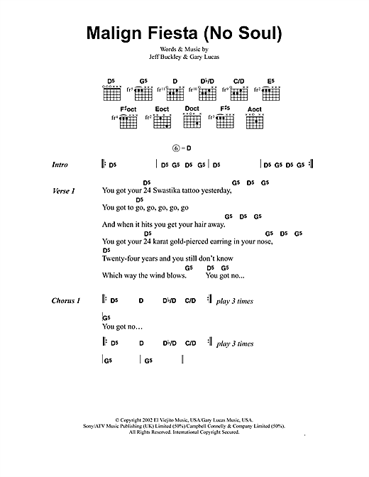 Download Jeff Buckley Malign Fiesta (No Soul) Sheet Music and learn how to play Lyrics & Chords PDF digital score in minutes