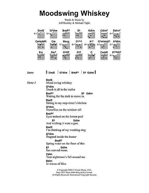 Download Jeff Buckley Moodswing Whiskey Sheet Music and learn how to play Lyrics & Chords PDF digital score in minutes