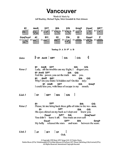 Download Jeff Buckley Vancouver Sheet Music and learn how to play Lyrics & Chords PDF digital score in minutes
