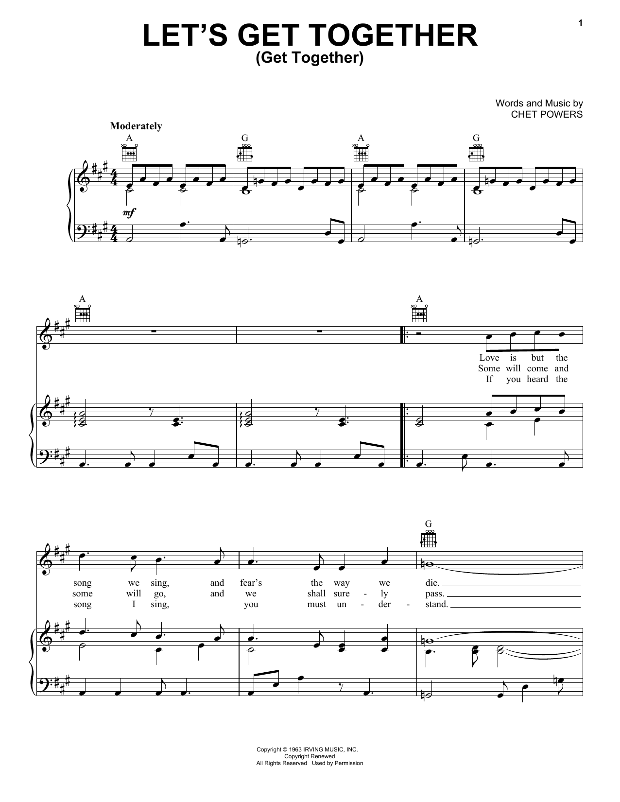 Download Jefferson Airplane Let's Get Together Sheet Music and learn how to play Piano, Vocal & Guitar (Right-Hand Melody) PDF digital score in minutes