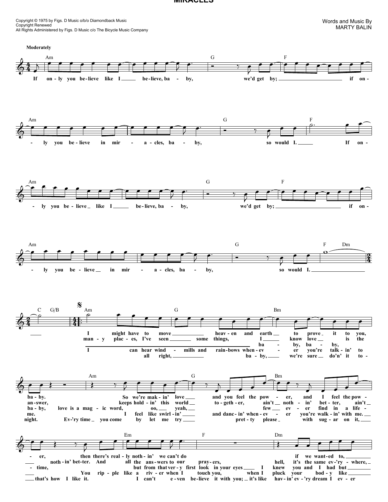 Download Jefferson Starship Miracles Sheet Music and learn how to play Melody Line, Lyrics & Chords PDF digital score in minutes