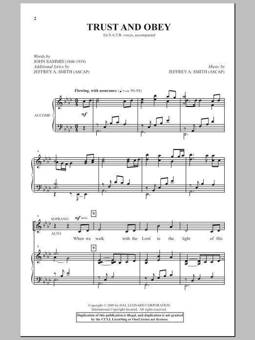 Download Jeffrey A. Smith Trust And Obey Sheet Music and learn how to play SATB Choir PDF digital score in minutes