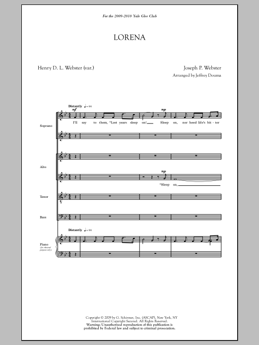 Download Joseph P. Webster Lorena (arr. Jeffrey Douma) Sheet Music and learn how to play SATB PDF digital score in minutes