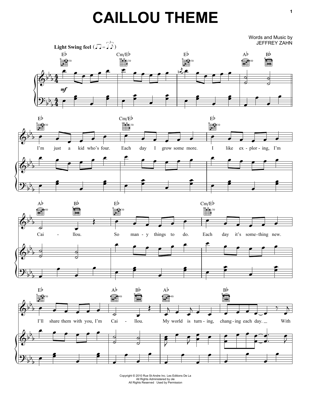 Download Jeffrey Zahn Caillou Theme Sheet Music and learn how to play Piano, Vocal & Guitar (Right-Hand Melody) PDF digital score in minutes