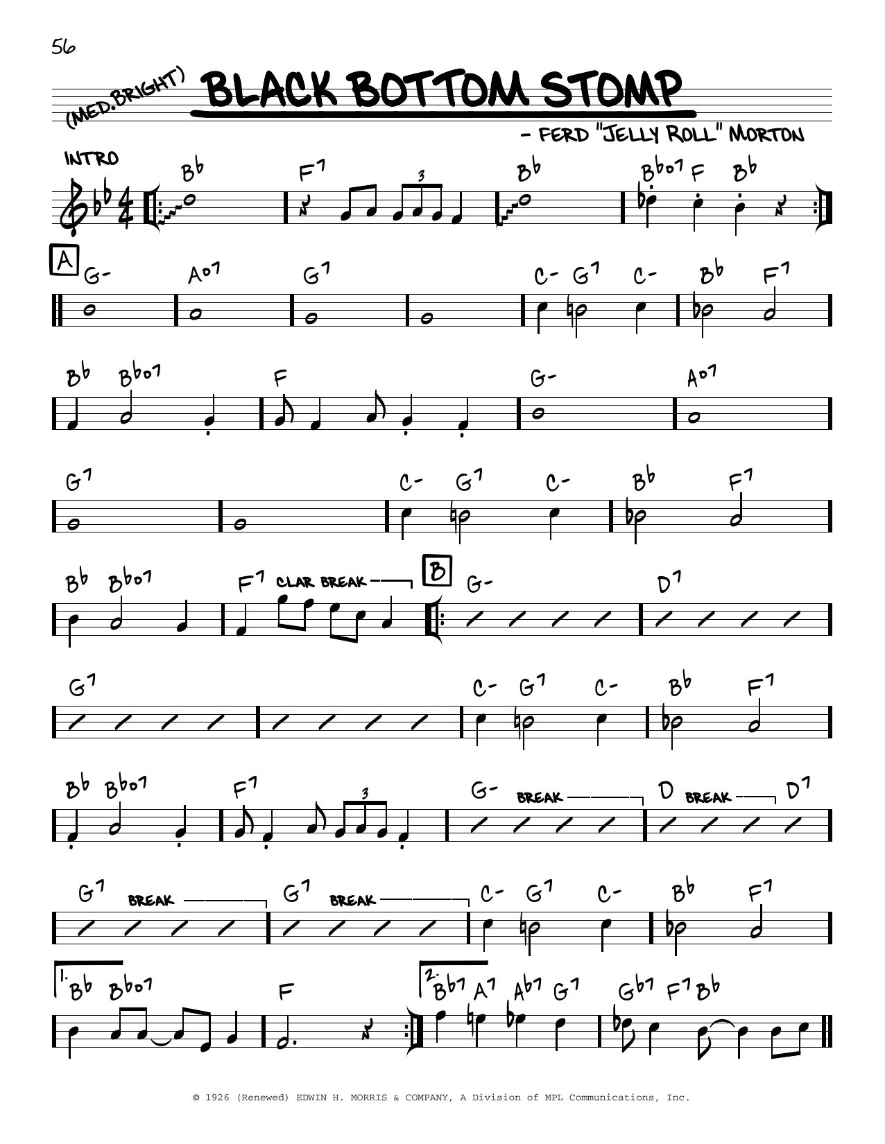 Download Jelly Roll Morton Black Bottom Stomp (arr. Robert Rawlins) Sheet Music and learn how to play Real Book – Melody, Lyrics & Chords PDF digital score in minutes