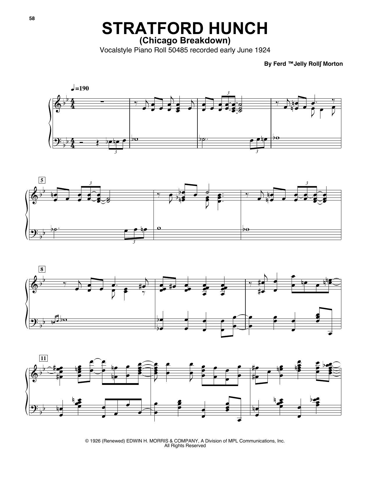 Download Jelly Roll Morton Chicago Breakdown (Stratford Hunch) Sheet Music and learn how to play Piano Transcription PDF digital score in minutes