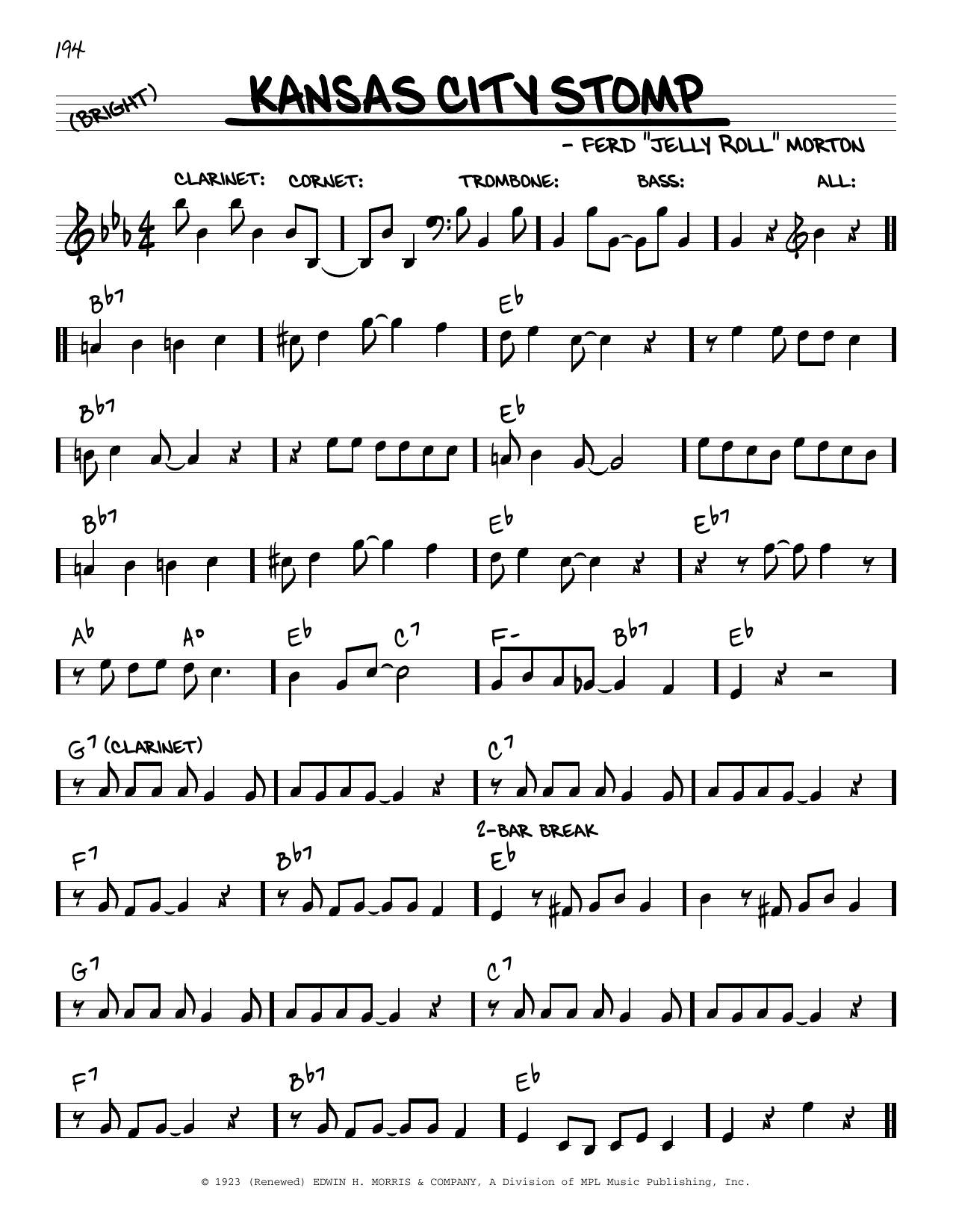 Download Jelly Roll Morton Kansas City Stomp (arr. Robert Rawlins) Sheet Music and learn how to play Real Book – Melody, Lyrics & Chords PDF digital score in minutes