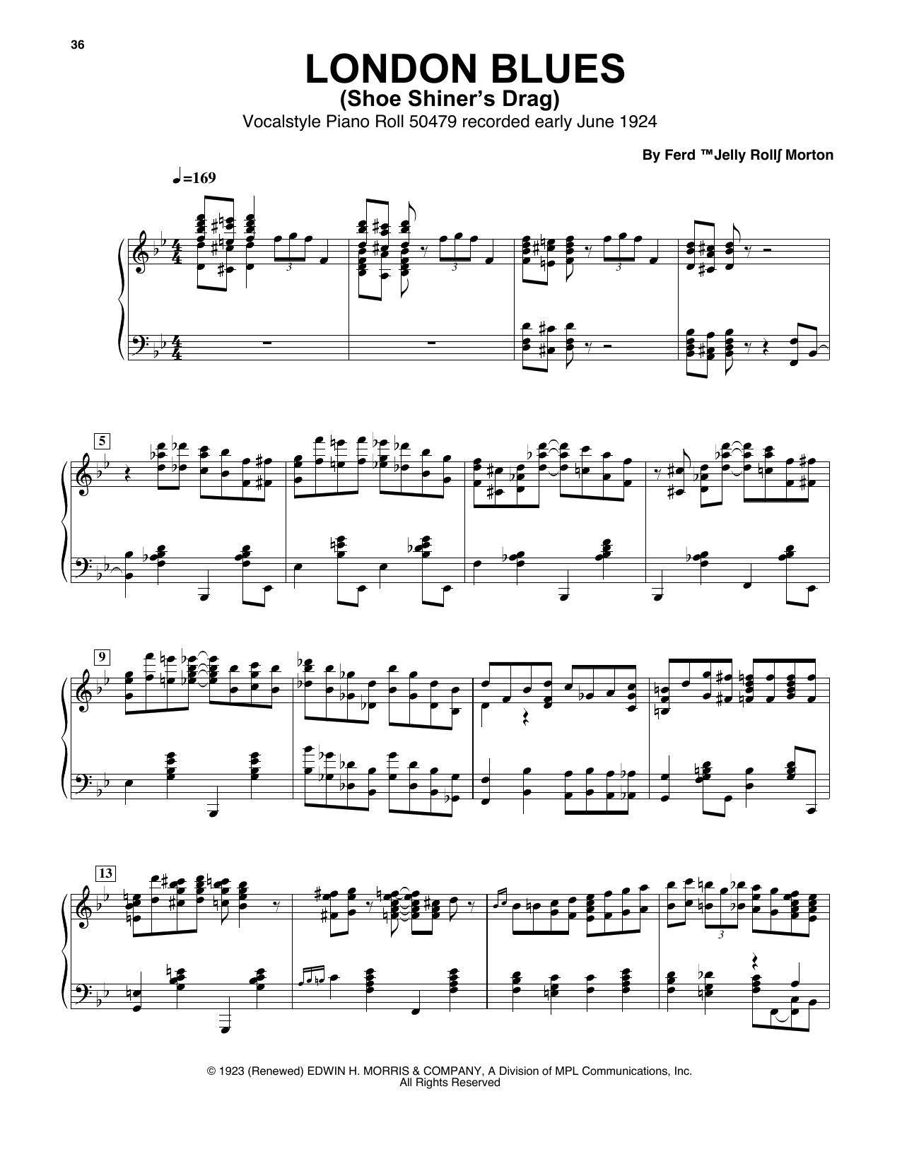 Download Jelly Roll Morton London Blues (Shoe Shiner's Drag) Sheet Music and learn how to play Piano Transcription PDF digital score in minutes