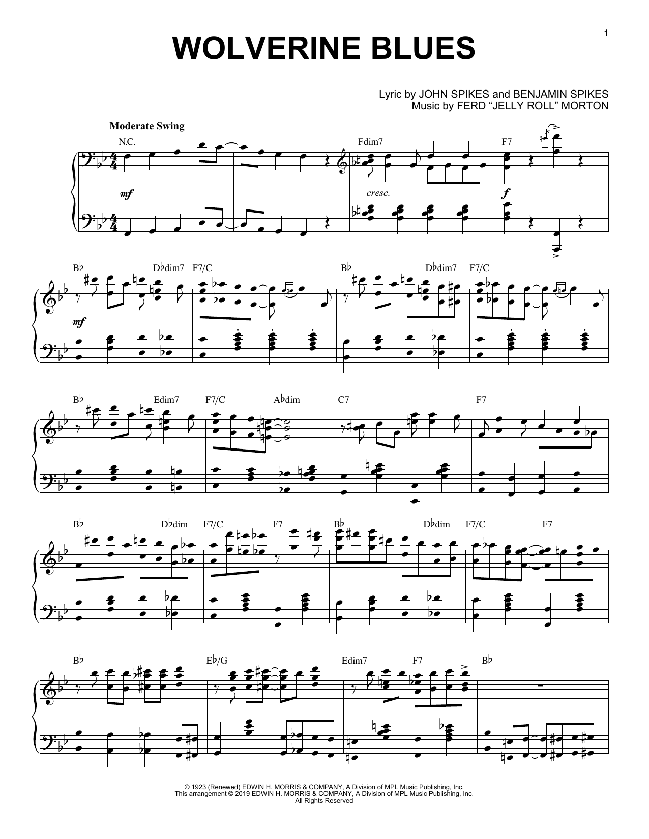 Download Jelly Roll Morton Wolverine Blues [Jazz version] Sheet Music and learn how to play Piano Solo PDF digital score in minutes