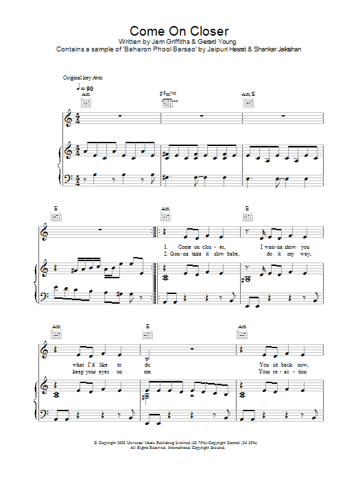 Download Jem Come On Closer Sheet Music and learn how to play Piano, Vocal & Guitar (Right-Hand Melody) PDF digital score in minutes