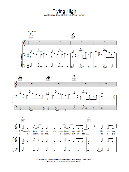 Download Jem Flying High Sheet Music and learn how to play Piano, Vocal & Guitar (Right-Hand Melody) PDF digital score in minutes
