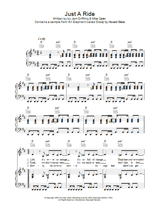 Download Jem Just A Ride Sheet Music and learn how to play Piano, Vocal & Guitar (Right-Hand Melody) PDF digital score in minutes