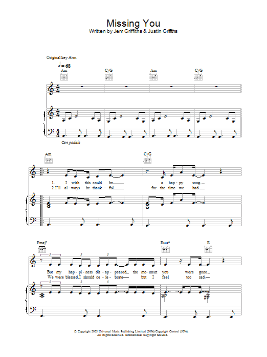 Download Jem Missing You Sheet Music and learn how to play Piano, Vocal & Guitar (Right-Hand Melody) PDF digital score in minutes