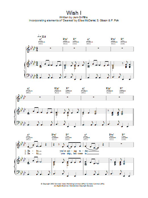 Download Jem Wish I Sheet Music and learn how to play Piano, Vocal & Guitar (Right-Hand Melody) PDF digital score in minutes