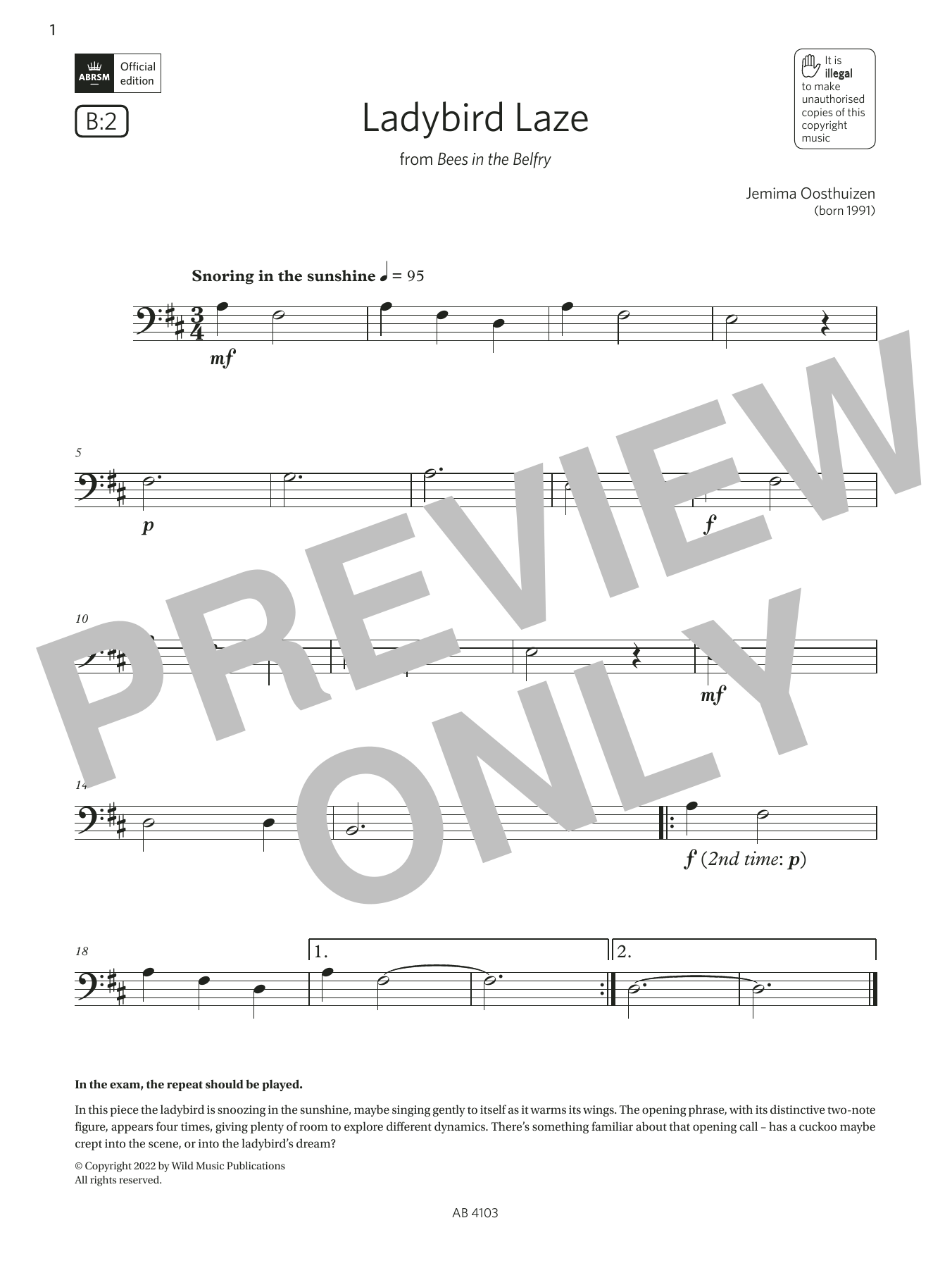 Download Jemima Oosthuizen Ladybird Laze (Grade Initial, B2, from the ABRSM Cello Syllabus from 2024) Sheet Music and learn how to play Cello Solo PDF digital score in minutes