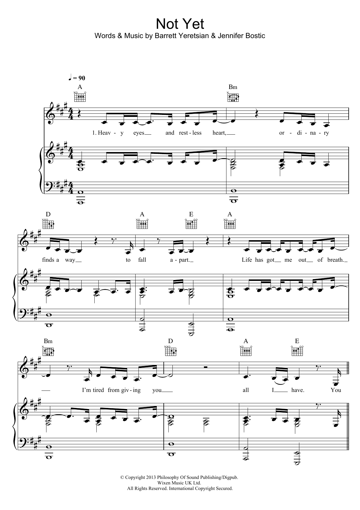 Download Jenn Bostic Not Yet Sheet Music and learn how to play Piano, Vocal & Guitar (Right-Hand Melody) PDF digital score in minutes