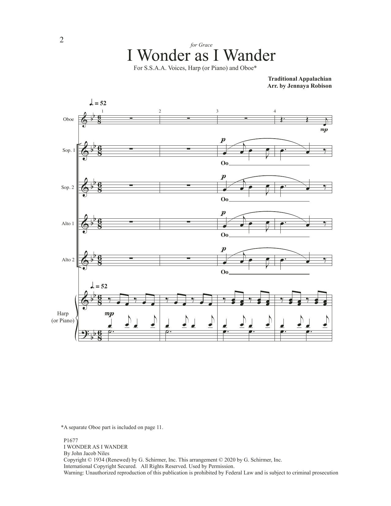 Download Jennaya Robison I Wonder As I Wander Sheet Music and learn how to play SSAA Choir PDF digital score in minutes