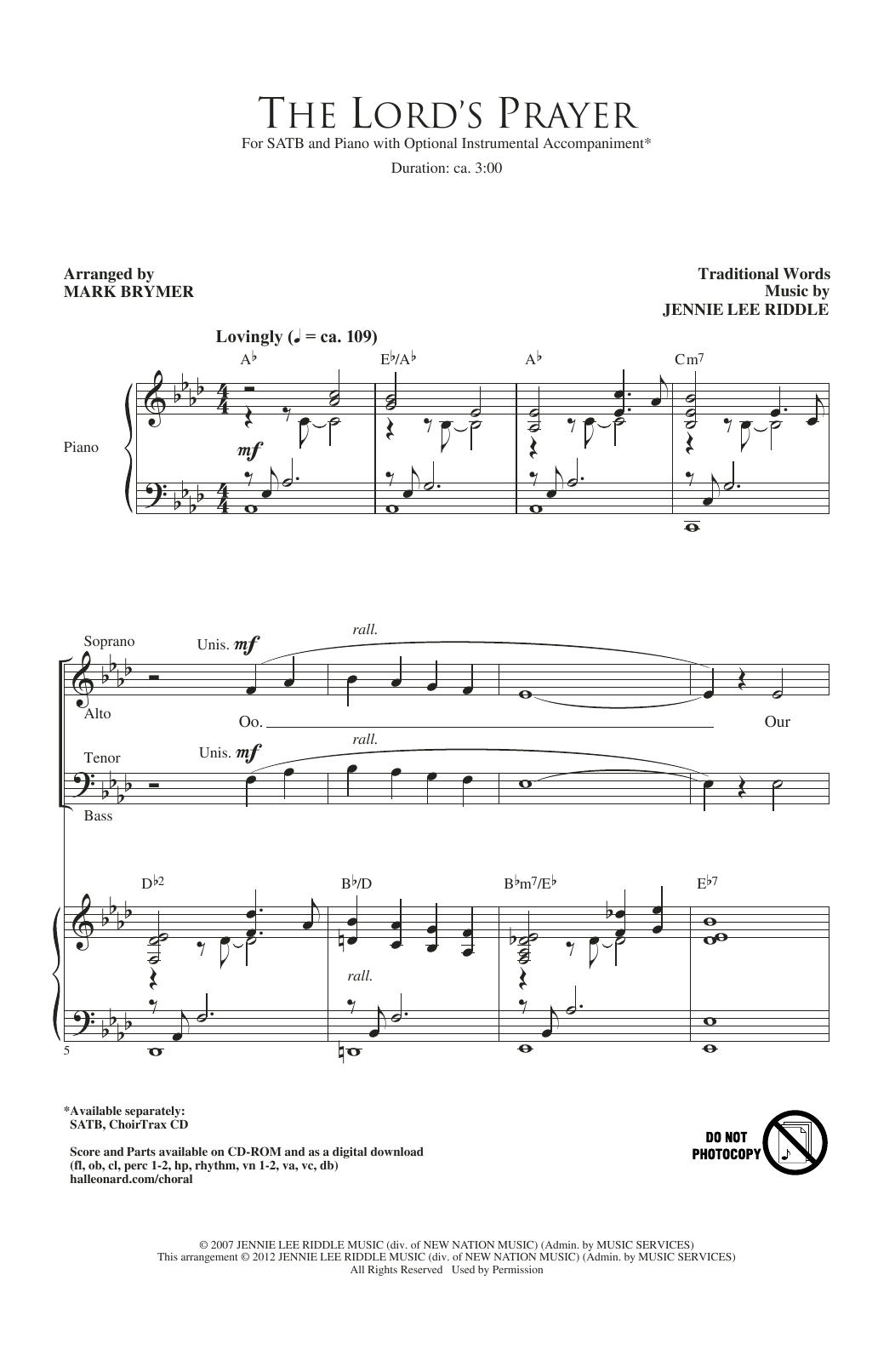 Download Jennie Lee Riddle The Lord's Prayer (arr. Mark Brymer) Sheet Music and learn how to play SATB Choir PDF digital score in minutes