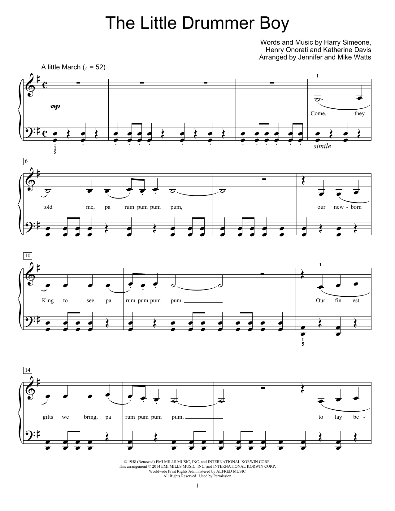 Download Jennifer and Mike Watts The Little Drummer Boy Sheet Music and learn how to play Easy Piano PDF digital score in minutes