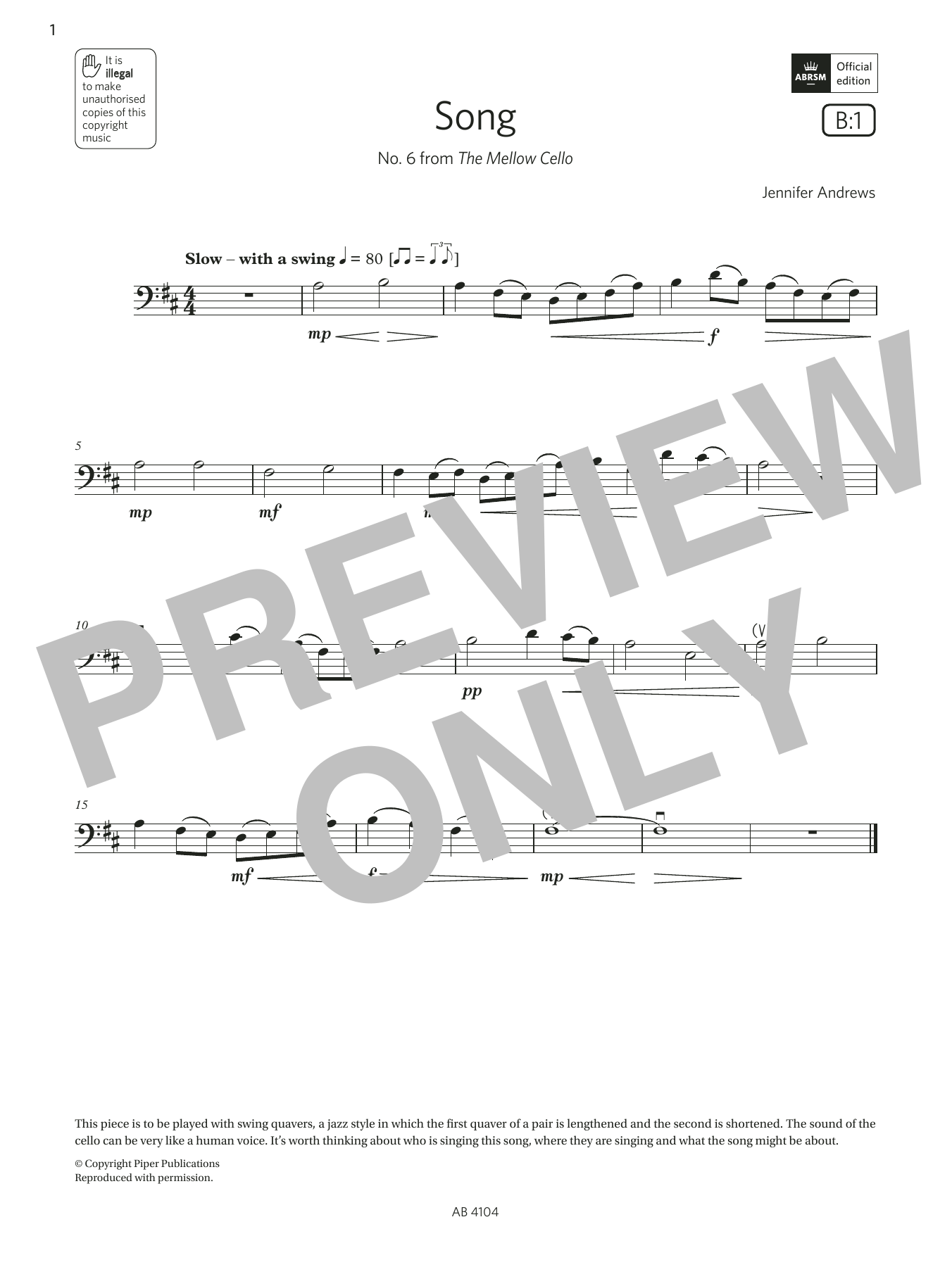 Download Jennifer Andrews Song (Grade 1, B1, from the ABRSM Cello Syllabus from 2024) Sheet Music and learn how to play Cello Solo PDF digital score in minutes
