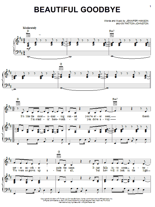Download Jennifer Hanson Beautiful Goodbye Sheet Music and learn how to play Piano, Vocal & Guitar (Right-Hand Melody) PDF digital score in minutes