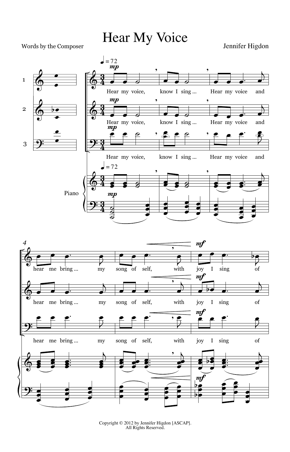 Download Jennifer Higdon Hear My Voice Sheet Music and learn how to play 3-Part Mixed Choir PDF digital score in minutes