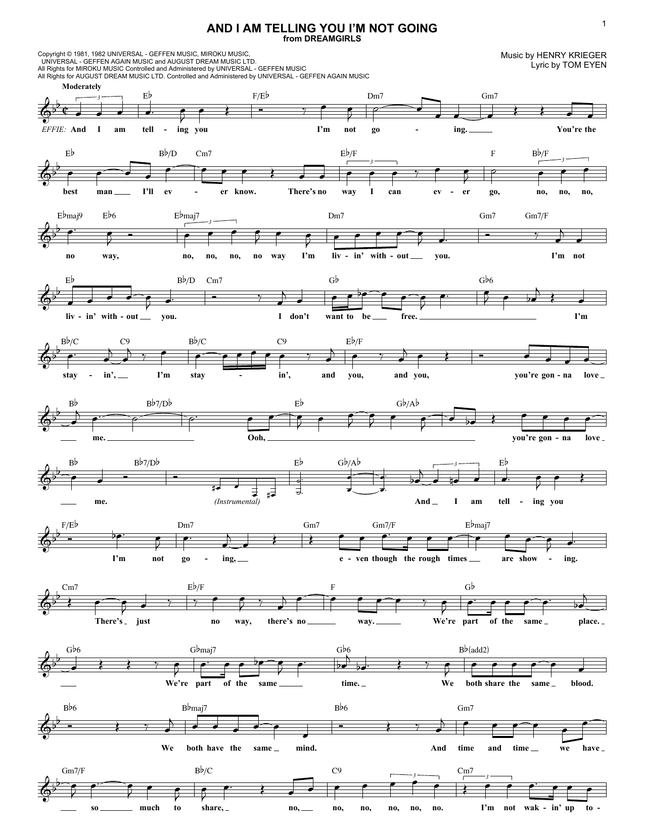 Download Jennifer Holliday And I Am Telling You I'm Not Going Sheet Music and learn how to play Melody Line, Lyrics & Chords PDF digital score in minutes