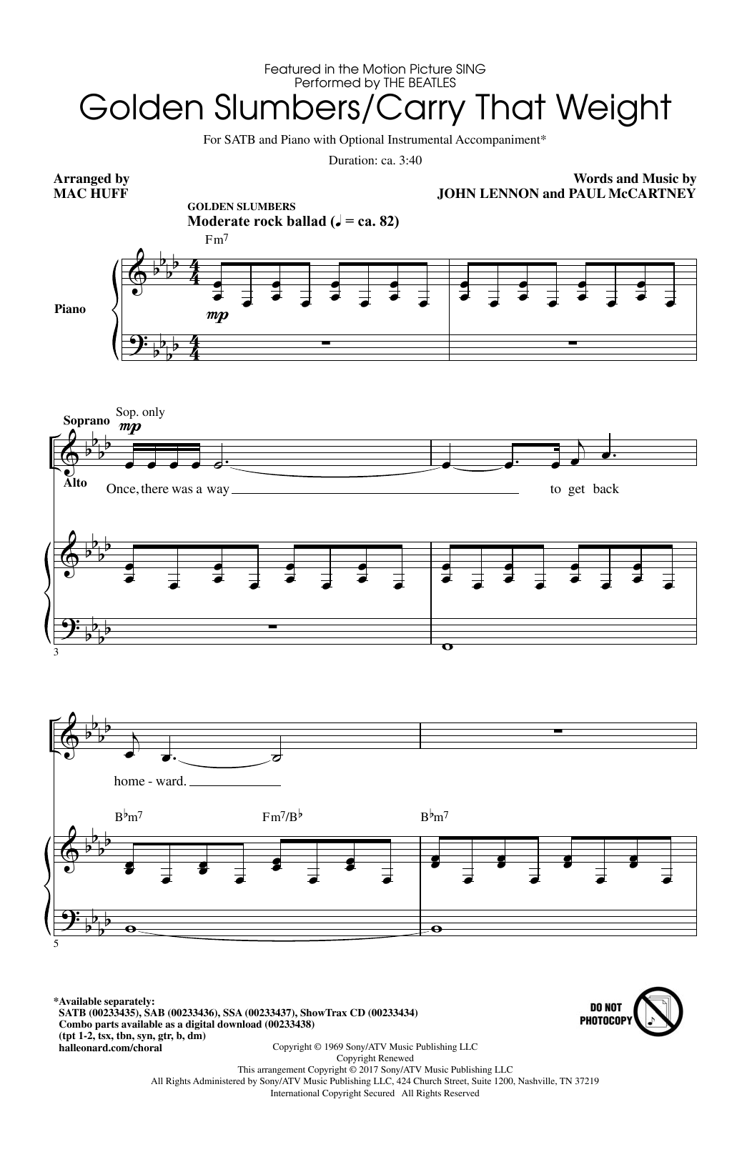 Download Mac Huff Golden Slumbers/Carry That Weight Sheet Music and learn how to play SAB PDF digital score in minutes