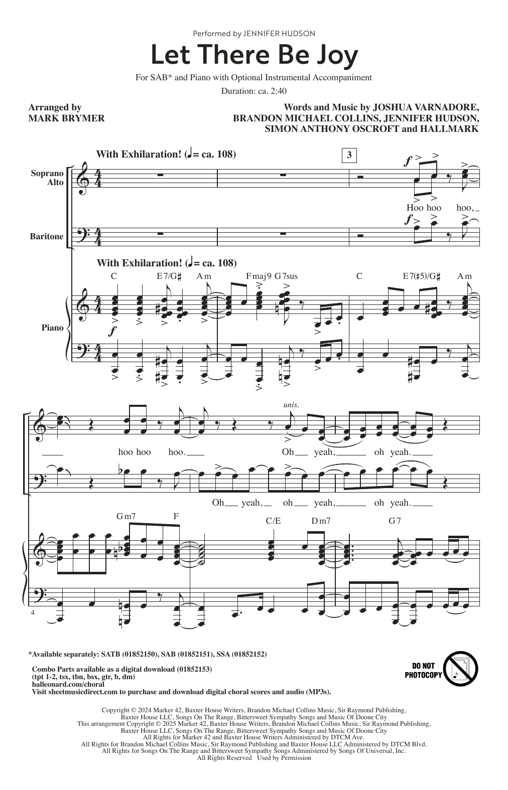 Download Jennifer Hudson Let There Be Joy (arr. Mark Brymer) Sheet Music and learn how to play SAB Choir PDF digital score in minutes