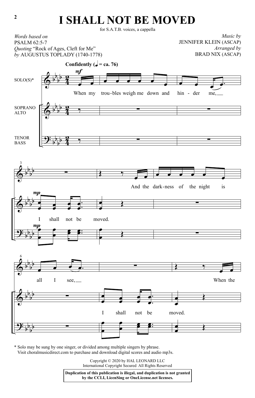 Download Jennifer Klein I Shall Not Be Moved (arr. Brad Nix) Sheet Music and learn how to play SATB Choir PDF digital score in minutes