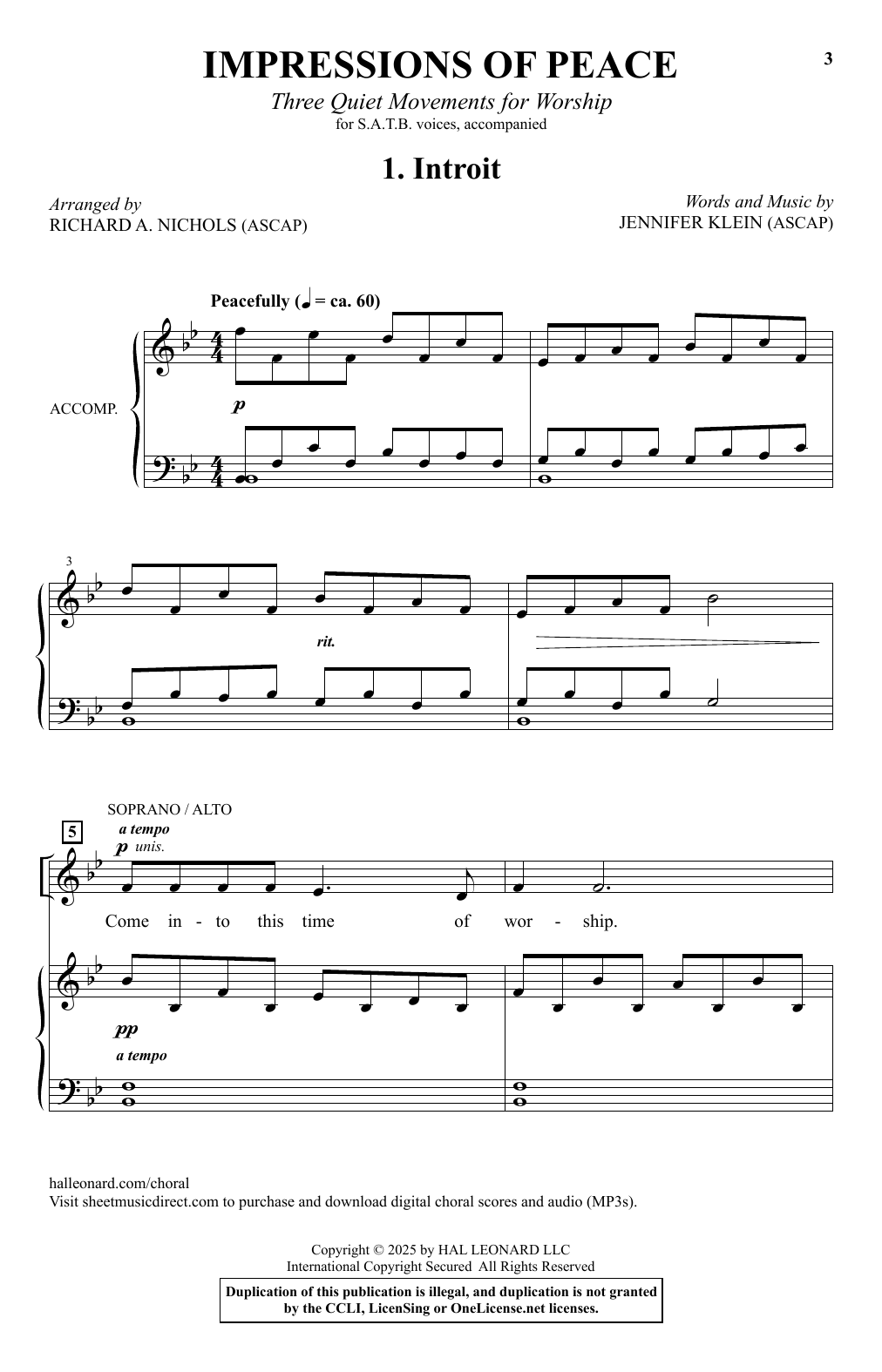 Download Jennifer Klein Impressions Of Peace (arr. Richard A. Nichols) Sheet Music and learn how to play SATB Choir PDF digital score in minutes