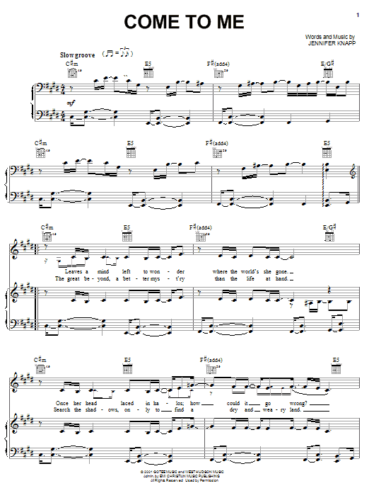 Download Jennifer Knapp Come To Me Sheet Music and learn how to play Piano, Vocal & Guitar (Right-Hand Melody) PDF digital score in minutes