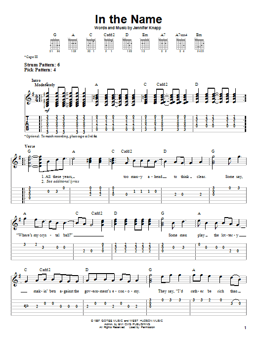 Download Jennifer Knapp In The Name Sheet Music and learn how to play Easy Guitar Tab PDF digital score in minutes