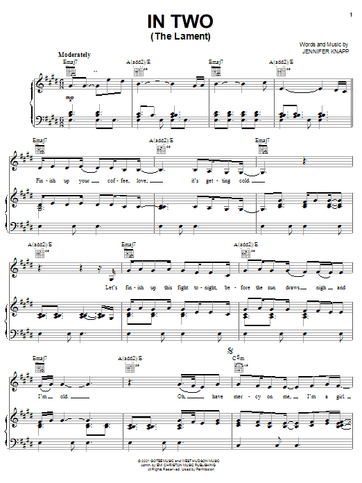Download Jennifer Knapp In Two (The Lament) Sheet Music and learn how to play Piano, Vocal & Guitar (Right-Hand Melody) PDF digital score in minutes