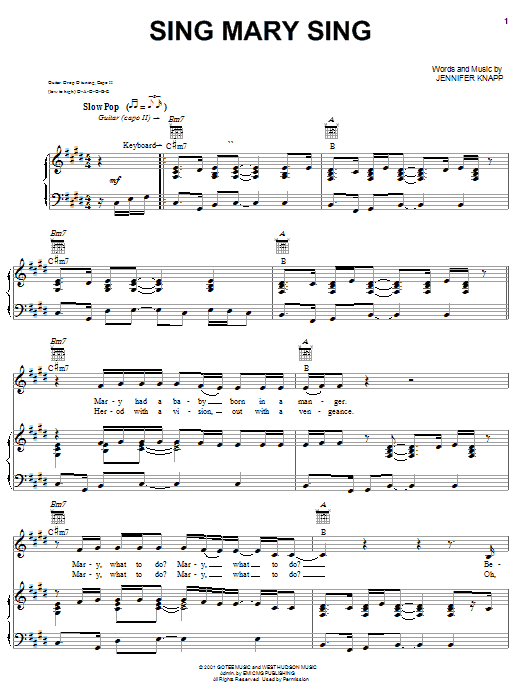 Download Jennifer Knapp Sing Mary Sing Sheet Music and learn how to play Piano, Vocal & Guitar (Right-Hand Melody) PDF digital score in minutes