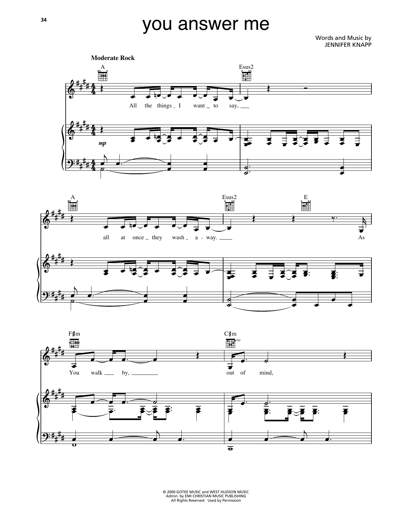 Download Jennifer Knapp You Answer Me Sheet Music and learn how to play Piano, Vocal & Guitar Chords (Right-Hand Melody) PDF digital score in minutes