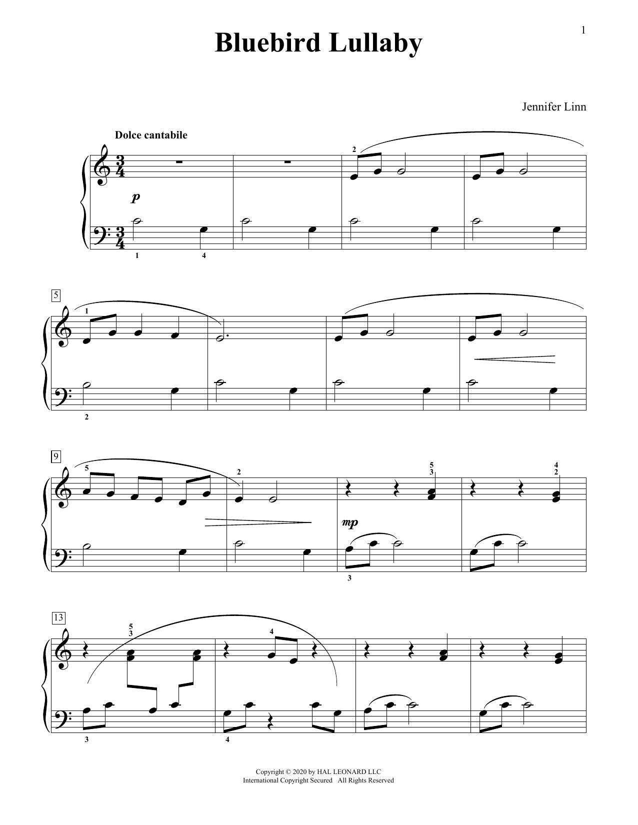 Download Jennifer Linn Bluebird Lullaby Sheet Music and learn how to play Educational Piano PDF digital score in minutes