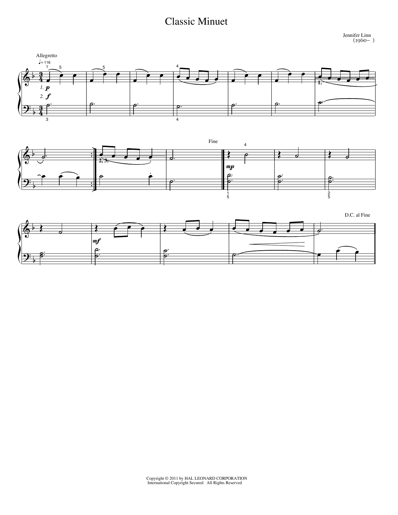Download Jennifer Linn Classic Minuet Sheet Music and learn how to play Easy Piano PDF digital score in minutes